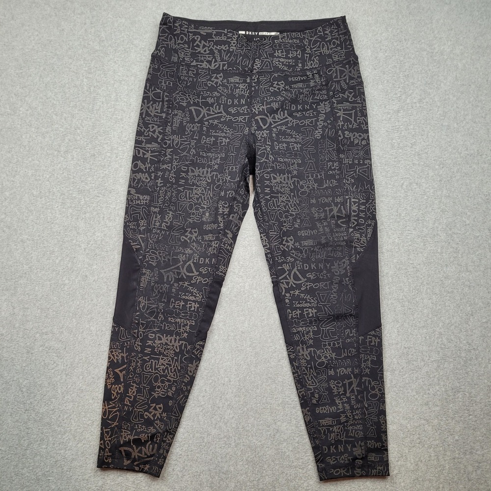 DKNY Sport Leggings Womens Large Black Graffiti Print Mesh Panel Activewear